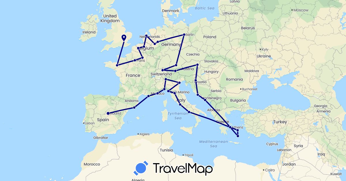 TravelMap itinerary: driving in Austria, Belgium, Switzerland, Germany, Spain, France, United Kingdom, Greece, Croatia, Italy, Monaco, Netherlands (Europe)